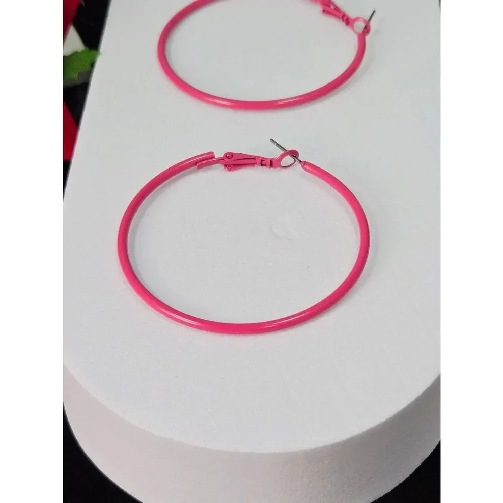 Hot Pink Hoop Earrings 50mm Bold Statement Leverback Hoops Bright Baddie Y2K